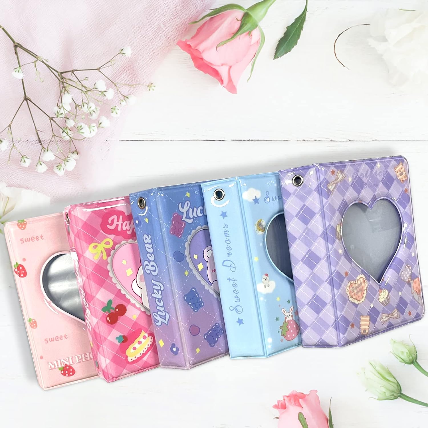 3 Inch Mini Photo Album, Heart Hollow Card Binder Photo Album Kpop Photo Card Holder with Pendant 40 Pockets (purple plaid)