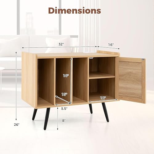 Miniatura 3 de Giantex Soporte para tocadiscos con estación de carga, soporte giratorio con gabinete de ratán, estantes y estante ajustable, mesa de almacenamiento