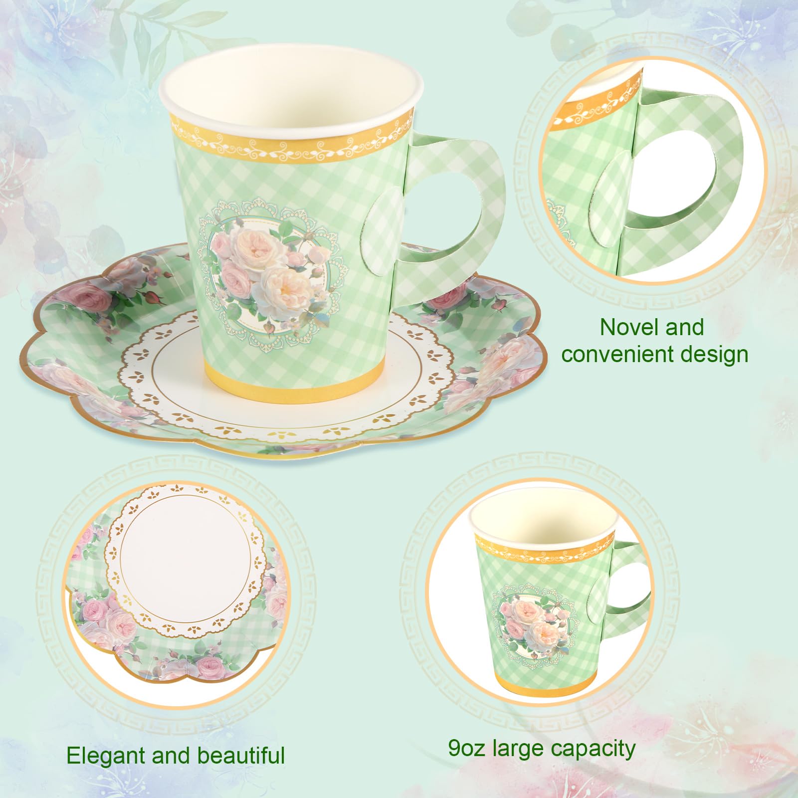 120uds Juego de Vajilla Desechable, Vajilla de Papel 60 Tazas de té de Papel con Asa 60 Platillos de Encaje Vajilla Floral para Fiesta para Niñas Suministros para Fiesta de té