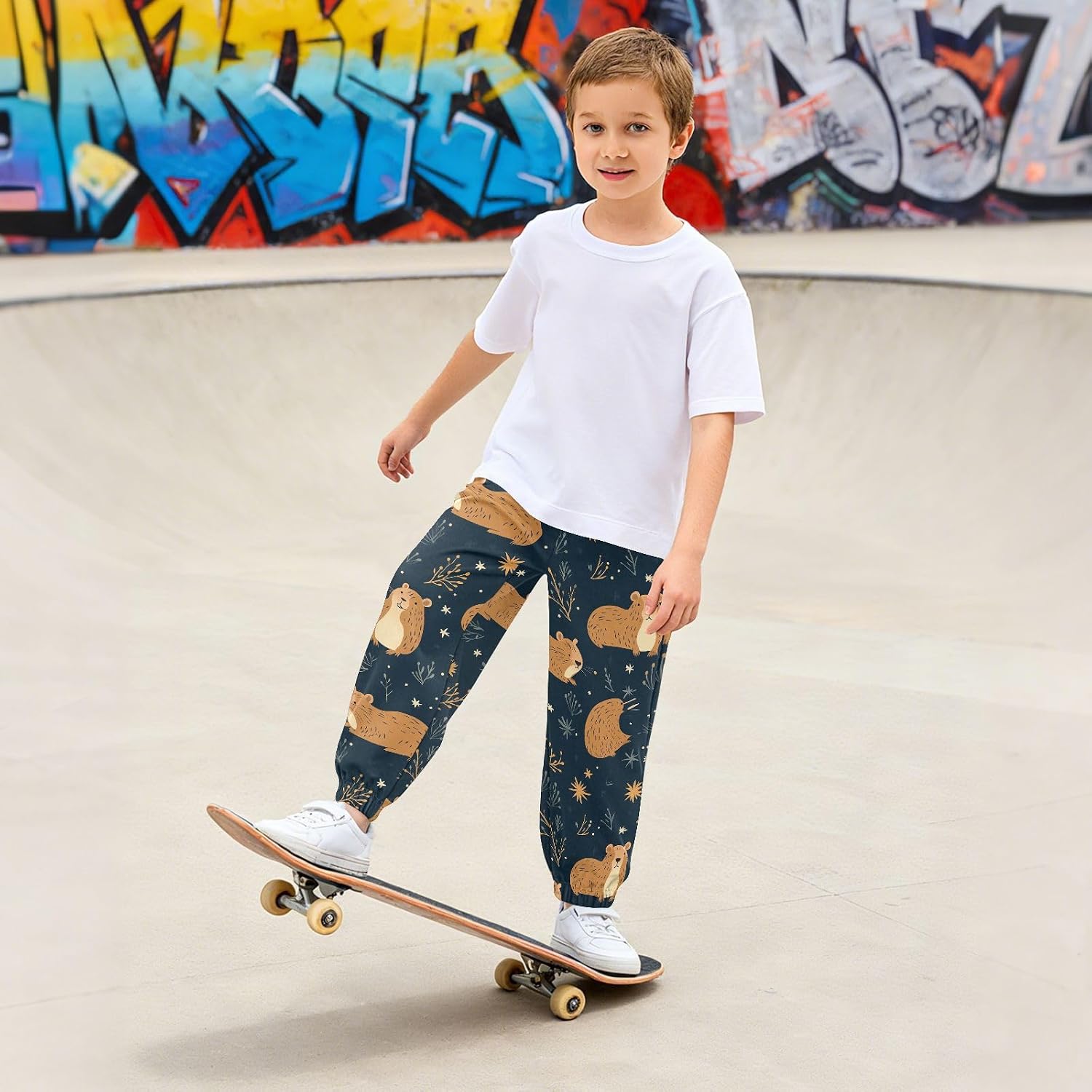 Boy Sweatpants Funny Animal Capybara Flower Joggers Casual Athletic Pants Kids Elastic Waist Cuffed with Pockets
