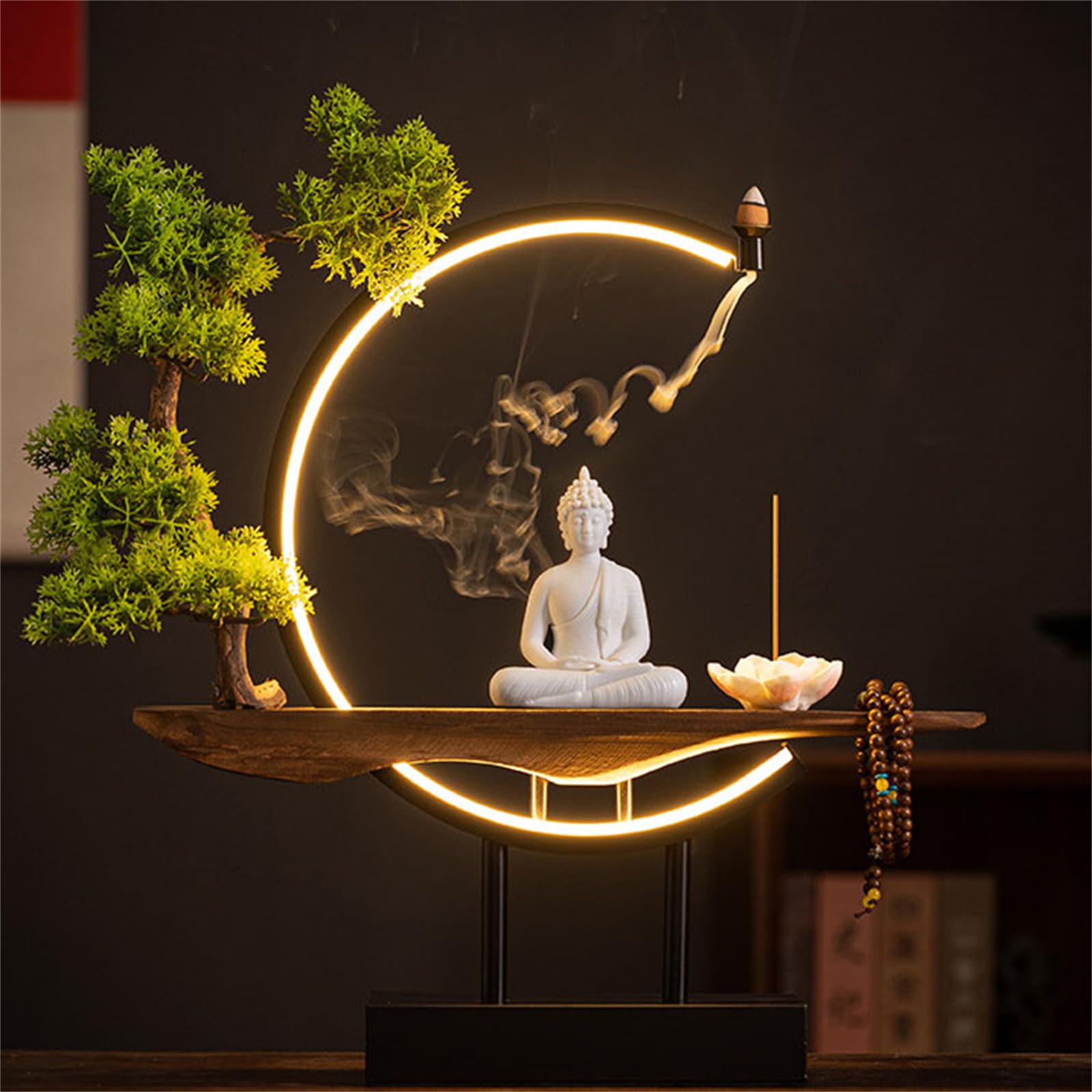 Large Buddhist Statue with Artificial Tree and LED Circle Table, Buddha Figure Lamp Wall Light 3D Mural Sconce Lamp Zen Light Wall Decor Hanging Artwork Wall Art for Living Room Incense Porch,01
