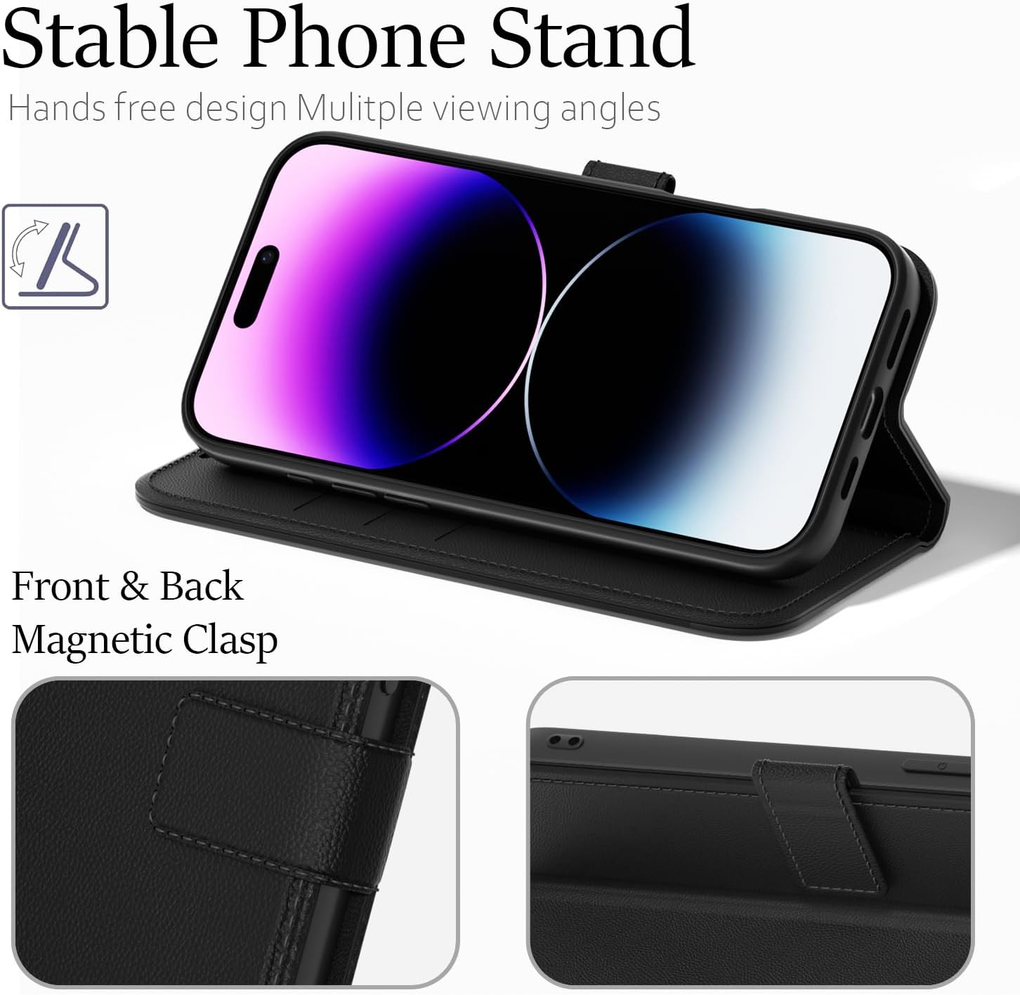 oakxco for iPhone 14 Pro Max Wallet Case with Credit Card Holder, Magnetic RFID Slim Folio Book Flip Leather Phone Case for Women Men Girl, Cute Soft Silicone Rubber Shockproof Cover, Black image 3
