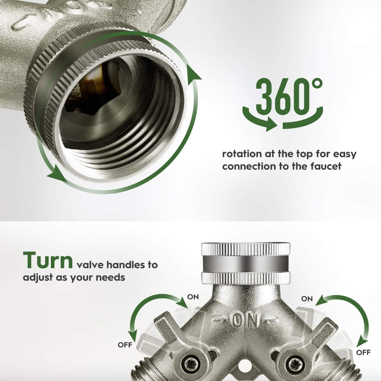 Nickel Plated Solid Brass Garden Hose Splitter, Heavy Duty 2 Way Y Faucet Adapter with Dual Shut Off Valves, Leak Proof 3/4 Inch Hose Bib Spigot for Outdoor Watering, Includes 3 Extra Washers