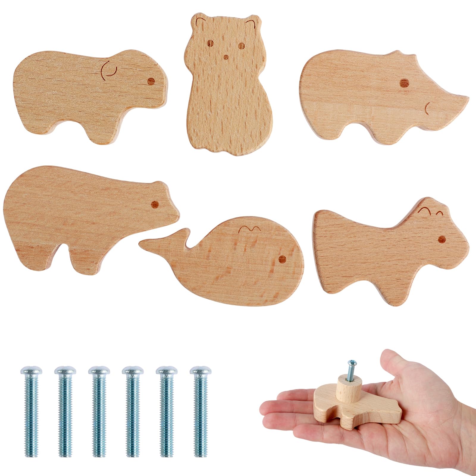 Foribyw 6Pcs (Polar Bear+Brown Bear) 6Pcs Wooden Animal Drawer Knobs With Screws, 25Cm Cute Jungle Animal Shape Furniture Pull Handle, Natural Wood Decorative Dresser Knobs For Wardrobe Cabinet Children's Room