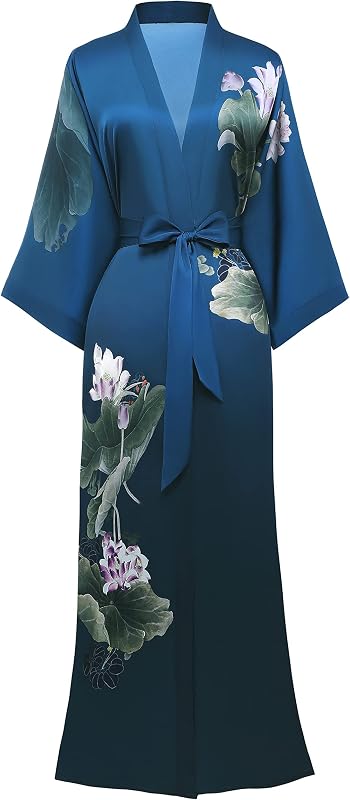 PRODESIGN Kimono Robe for Women - Long Satin Sleepwear Silky Kimono Cover-Up Nightgown Japanese Bathrobe Loungewear Blouse | Breathable, Ankle Length, Sash Tie, Side Pockets, Printed Sleeves, Dressing Gown, Wedding Party Wear