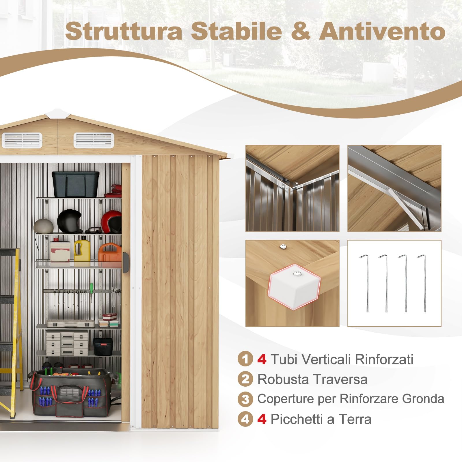 COSTWAY Casetta da Esterno 2,34㎡ Capanno Porta Attrezzi Lamiera Acciaio Zincata 196 x 142 x 186 cm