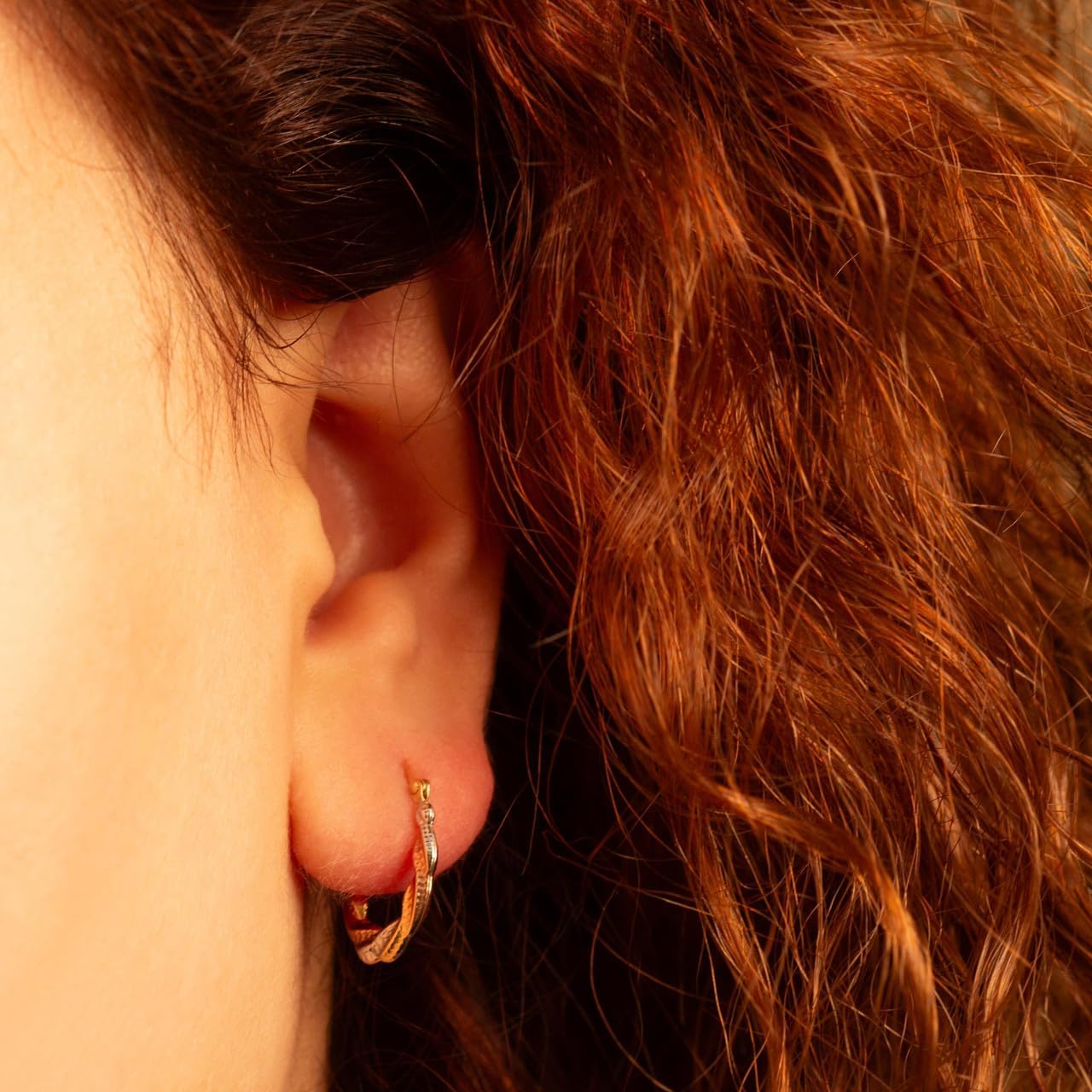 Tri-Color Gold Sparkle Cut Reversible Twisted Oval Hoop Earrings for Women | 10K or 14K White, Rose, and Yellow Gold