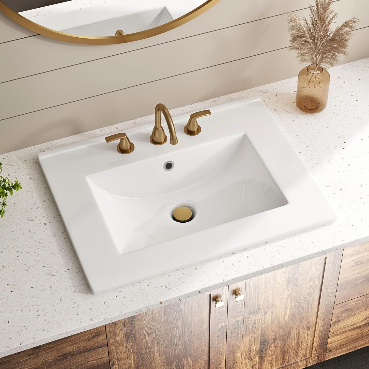 24"W x 18"D Drop In Bathroom Sink with 3 Holes for 8-in Widespread Faucets, Los Flexi Rectangular White Ceramic Vanity Top Sink for 24 Inch Bathroom Vanities