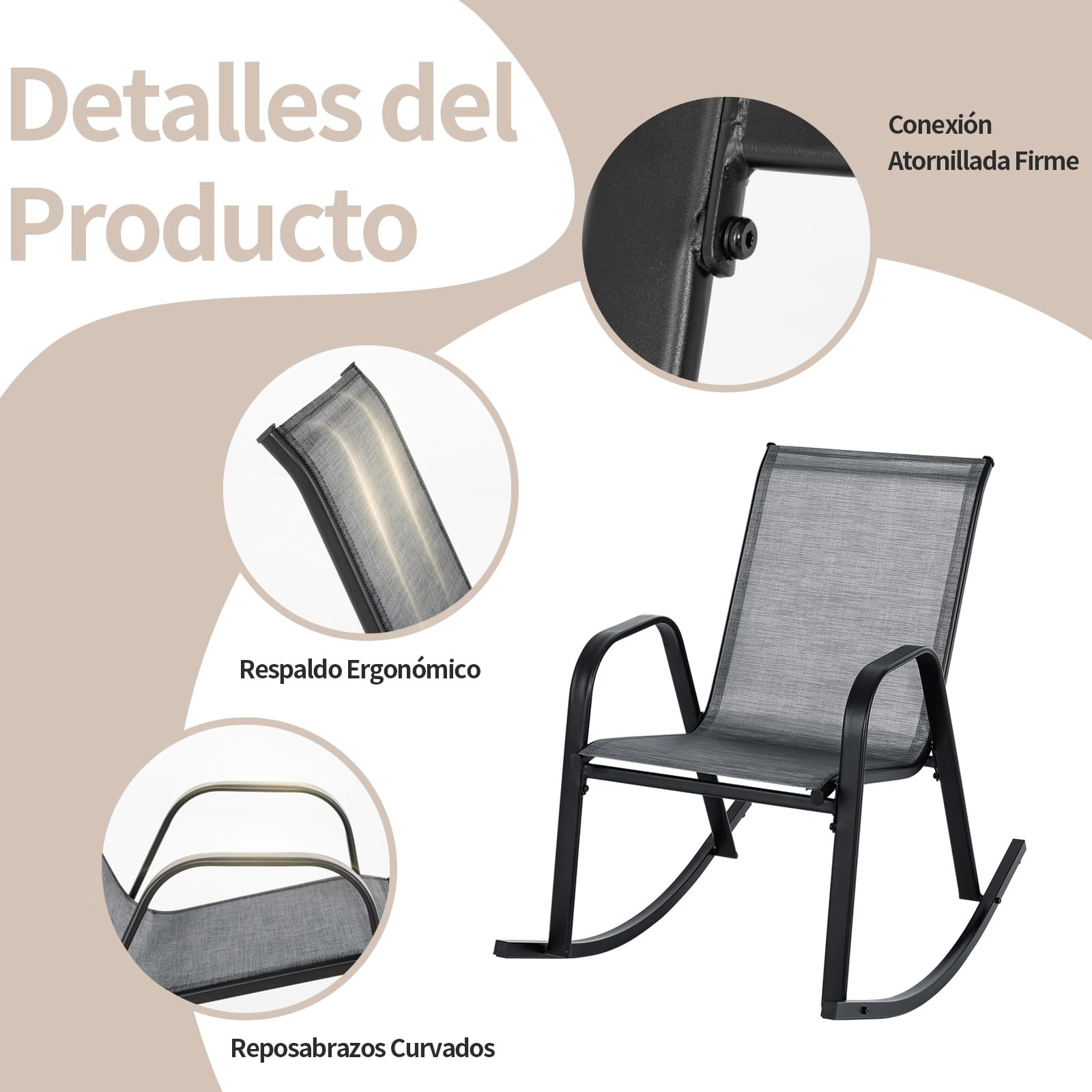 COSTWAY 2 Mecedoras para Jardin Exterior con Asiento Textilene, Balanceo Suave, 91 x 62 x 86 cm, Carga 150kg, para Terraza Patio (Gris)