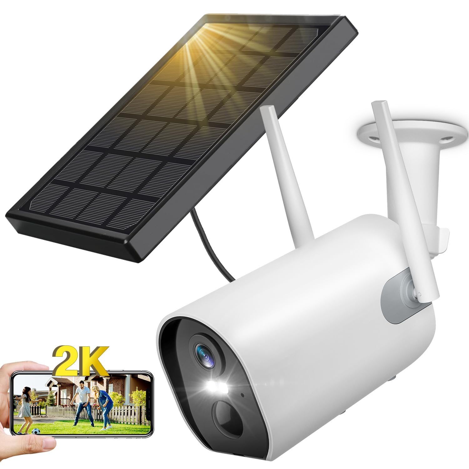 YESKAMOU 2K Inalámbrica Exterior Solar WiFi Cámara de Vigilancia, 2.4GHz Cámara Solar Exterior con Panel Solar, 360° PTZ, Visión Nocturna a Color, Audio Bidireccional, Sirena PIR (Blanca)