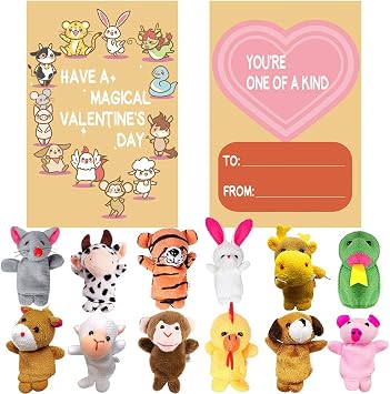12 Pack Plush Animal Finger Puppet Toy with Greeting Cards, Easter Basket Stuffers Easter Egg Goodie Bag Fillers, School Classroom Prize Party Favor Toys, Valentine Gift Exchange