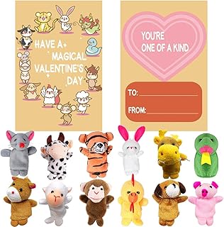 12 Pack Plush Animal Finger Puppet Toy with Valentine's Greeting Cards, Valentine School Classroom Prize Party Favor Toys, Valentine Gift Exchange