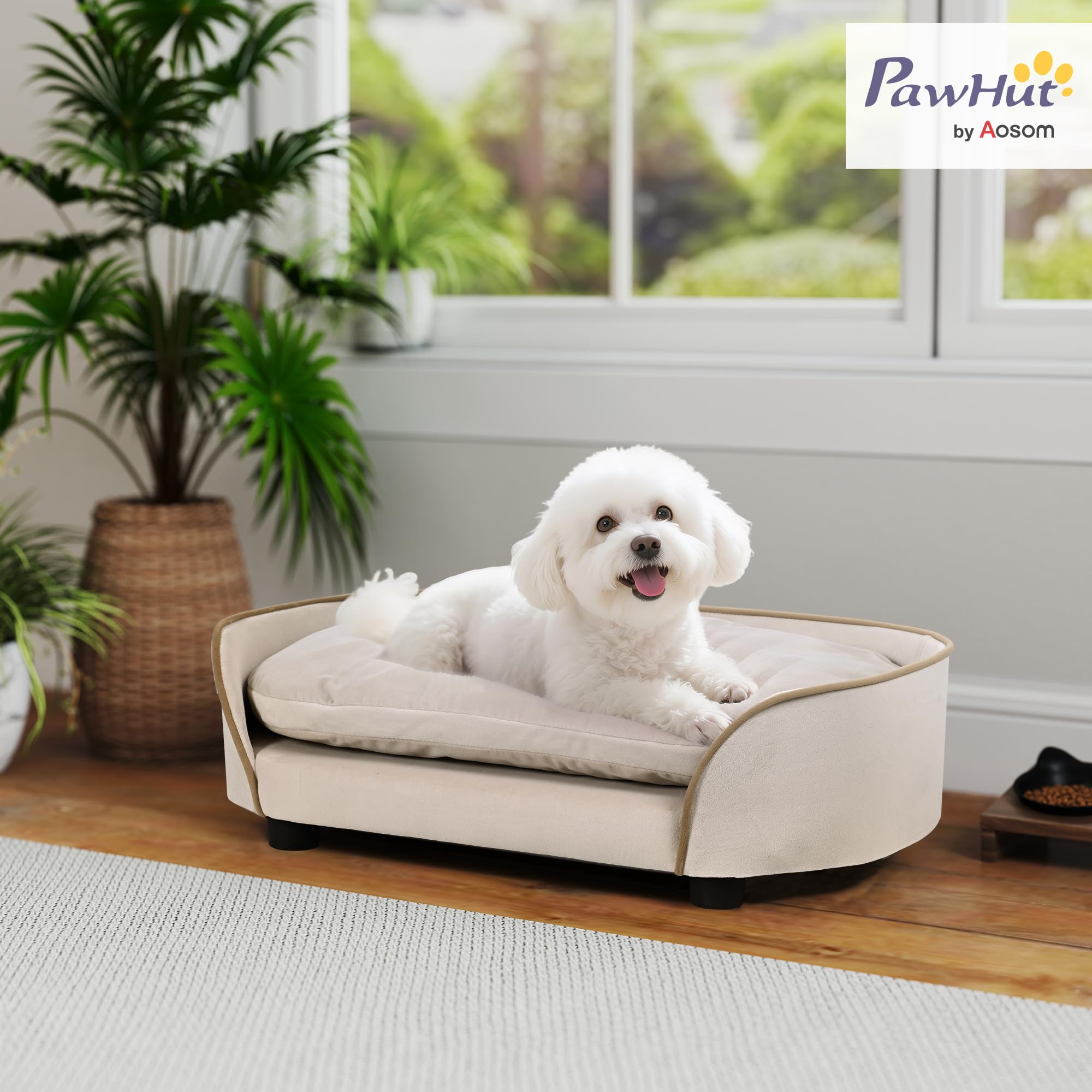 PawHut Canapé pour Chien, canapé pour Animal de Compagnie avec Coussin Amovible et Housse Lavable, en Velours, 66 x 43 x 19,5 cm, Beige