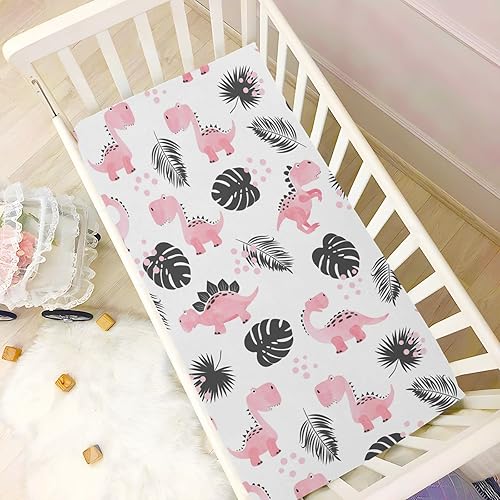 Miniatura 5 de Lindos dinosaurios rosados, paquete ajustable y sábanas de juego compatibles con otros corralitos, patios de juegos, cunas portátiles y mini, 52 x