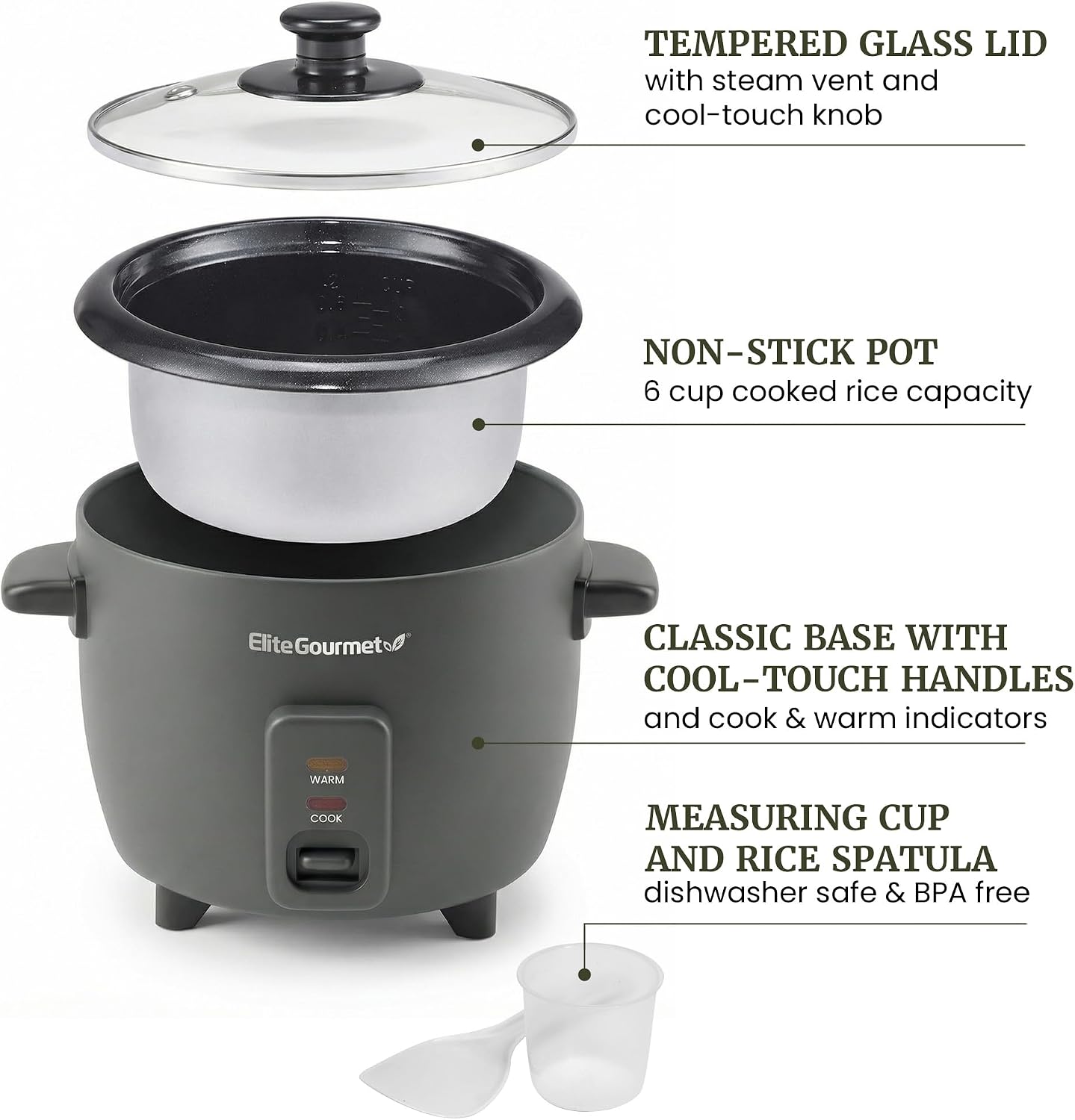 Elite Gourmet ERC6GC 6-Cup Ceramic Rice Cooker, PFAS-Free Ceralast™ Nonstick Inner Pot, Auto Keep Warm, Tempered Glass Lid, One-Touch Cook, BPA-Free Measuring Cup & Spatula, Dark Grey