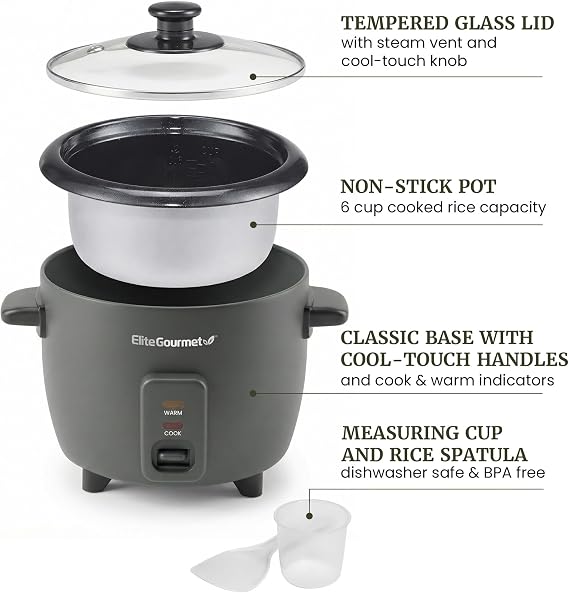 Elite Gourmet ERC6GC Ceramic Rice Cooker, PFAS-Free Non-Stick, Gray