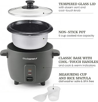 Elite Gourmet ERC6GC Ceramic Rice Cooker, PFAS-Free Non-Stick, Gray