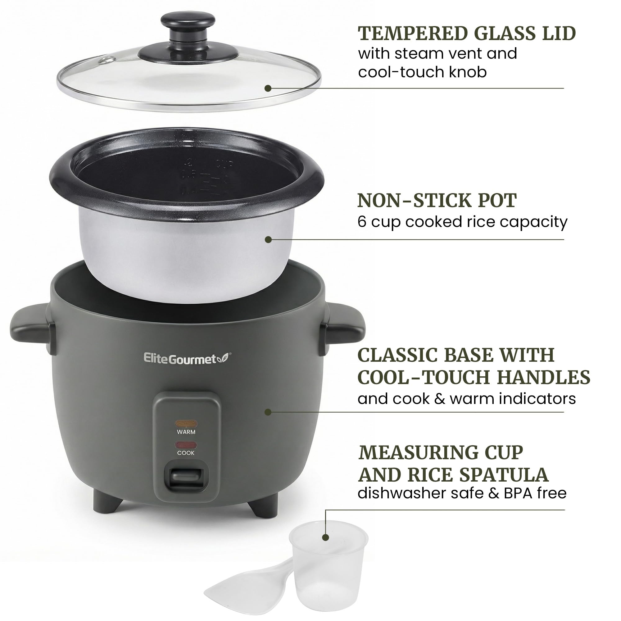 Elite Gourmet ERC6GC - Arrocera de cerámica de 6 tazas, olla interior antiadherente Ceralast™ sin PFAS, mantiene el calor automático, tapa de vidrio templado, cocina con un solo toque, taza medidora y