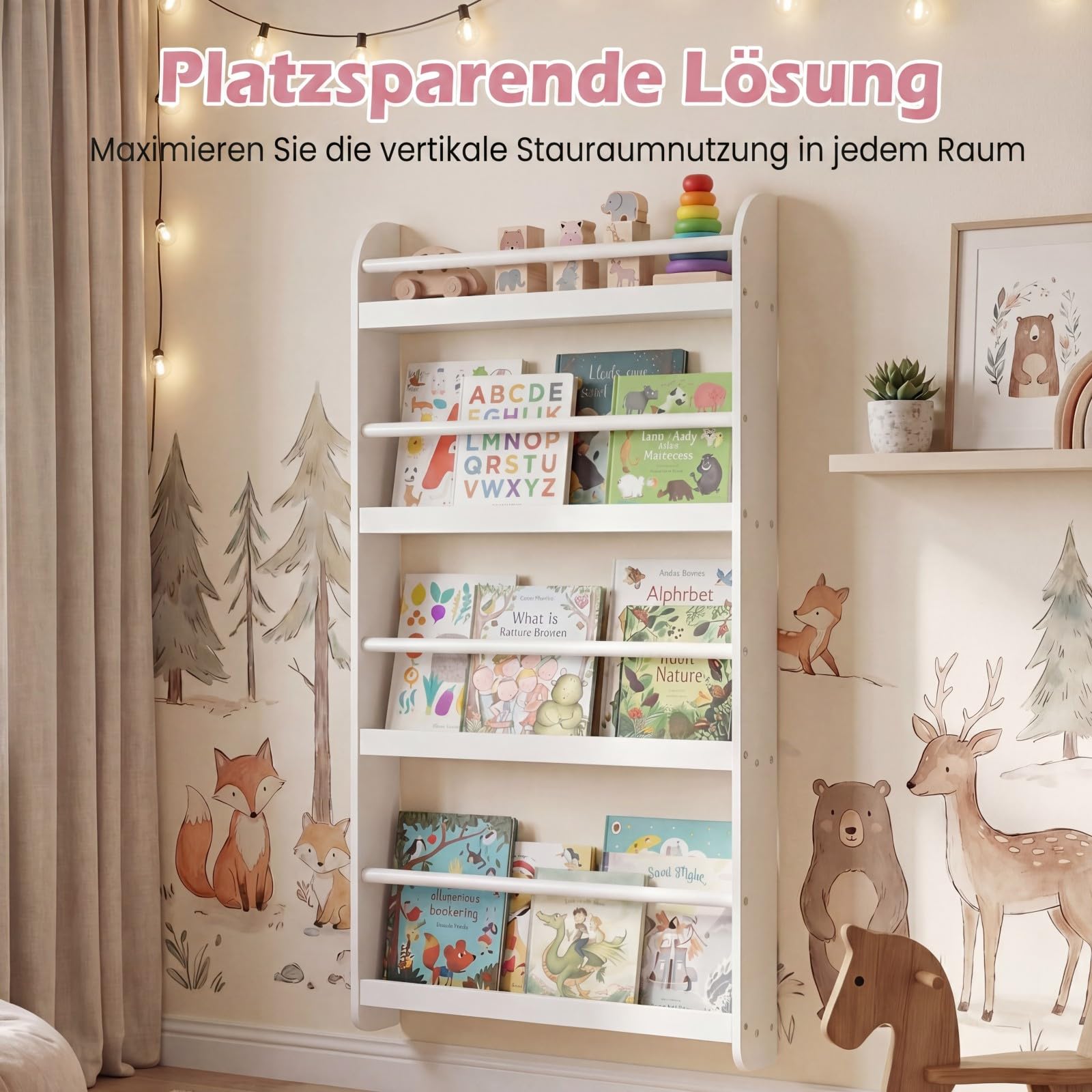 RELAX4LIFE Bücherregal Kinder, Kinderregal Wand mit 4 Fächern, platzsparendes Wandregal, Montessori Spielzeugregal aus Holz, Kinderbücherregal für Kinderzimmer & Spielzimmer, 56 x 12 x 107 cm (Weiß)