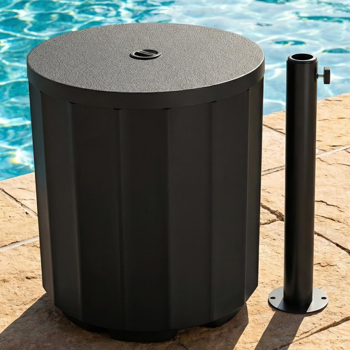 Outdoor Table, Bladder Umbrella Base with Wide Stripes, Water Filled Umbrella Base, All Weather Side Table Fits Up to 1.6" Pole, Up to 15 Inches of Water, for Beach, Yard, Garden, Black