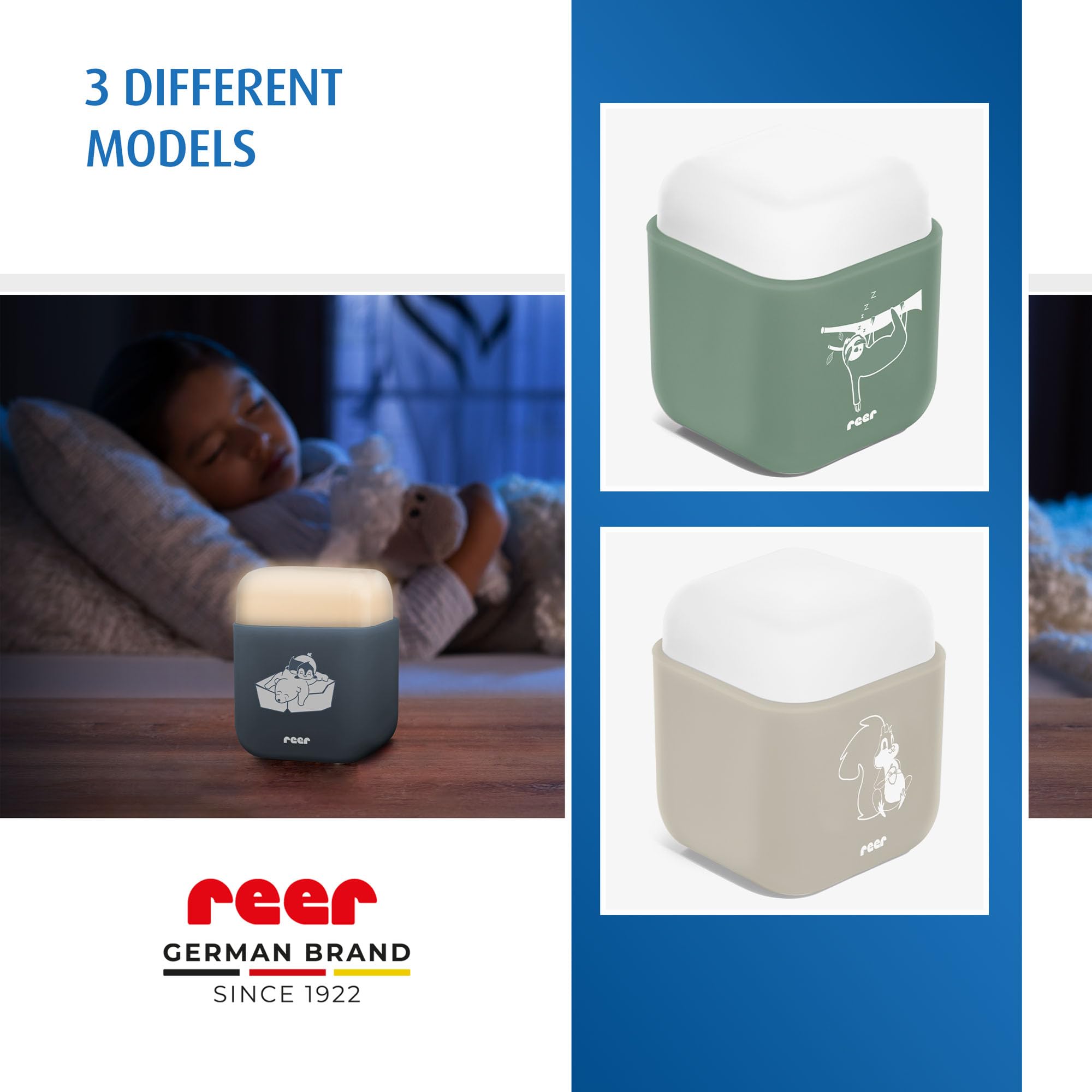 reer SleepLight 2 w 1 | lampka nocna do gniazdka elektrycznego i z zasilaniem akumulatorowym | tryb On-Off i czujnik | nastrojowe światło dla dzieci | niebiesko-szara