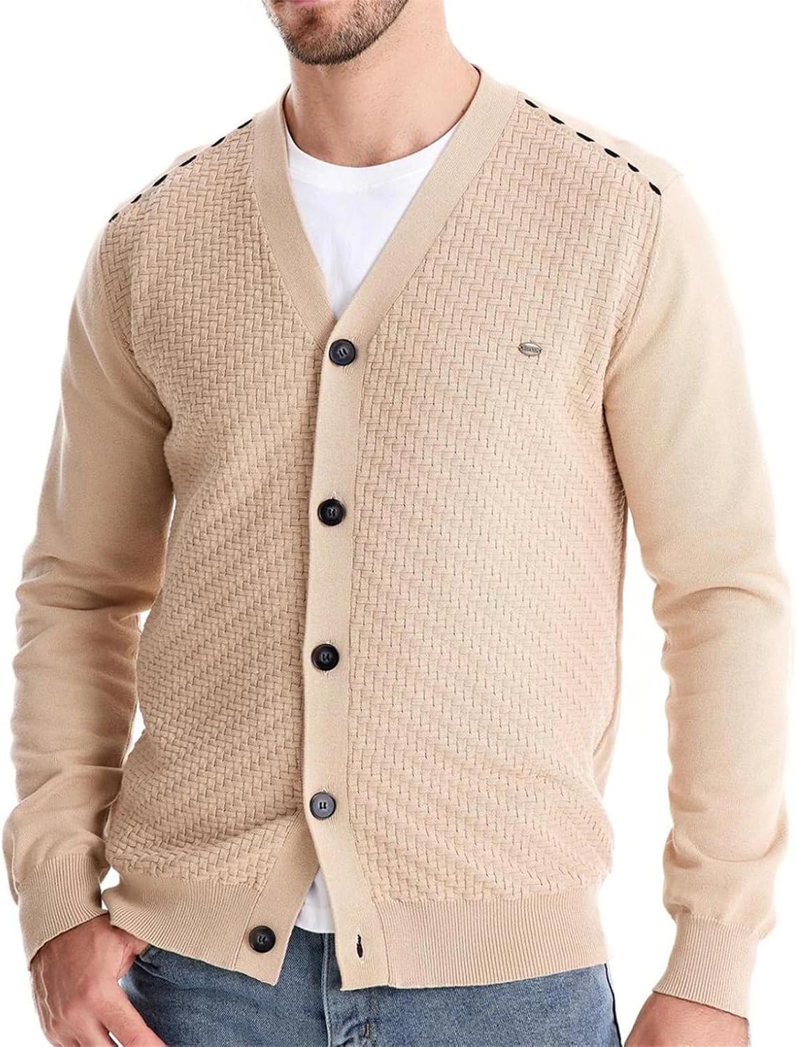 Men's V-Neck Button-Up Cotton Cardigan Sweater Casual Knit Sweater Cardigans for Men