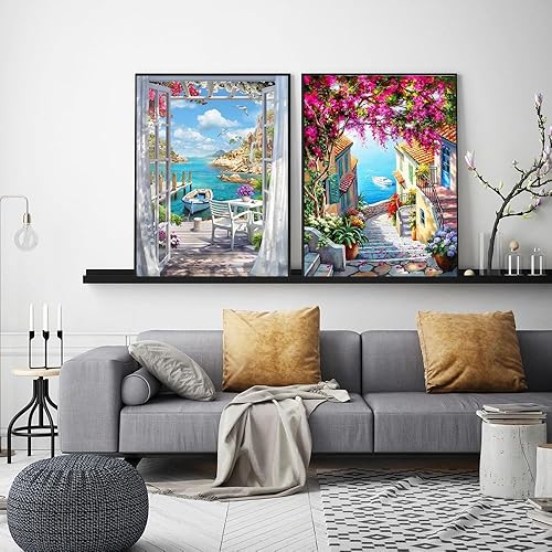 Miniatura 4 de Mowana Paquete de 2 kits de arte de diamantes para adultos, pintura de diamante, paisaje, playa, taladro completo, kits de pintura de diamante 5D