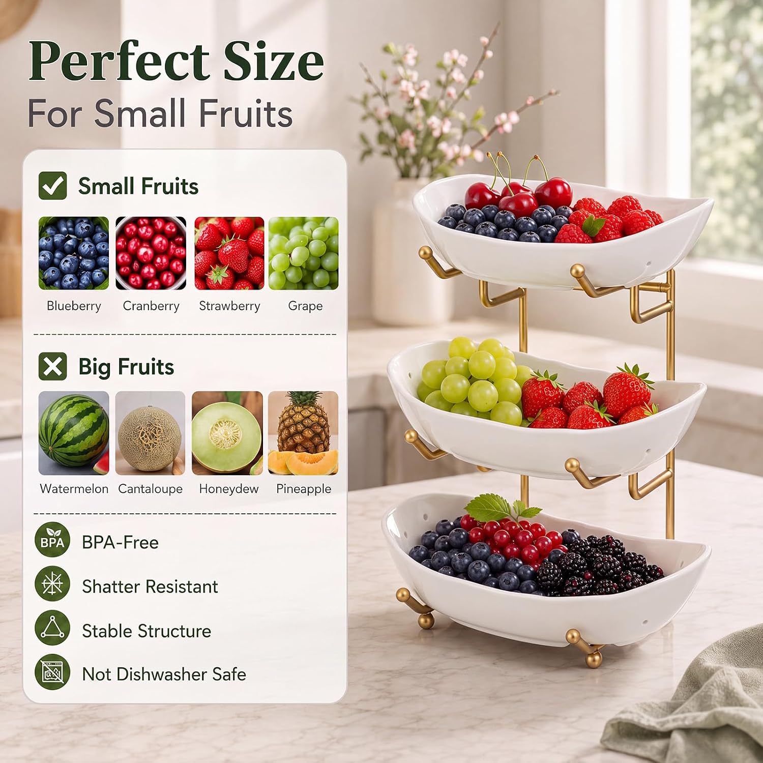 Sawysine 3 Tier Fruit Bowl with Ventilation Holes for Kitchen Counter