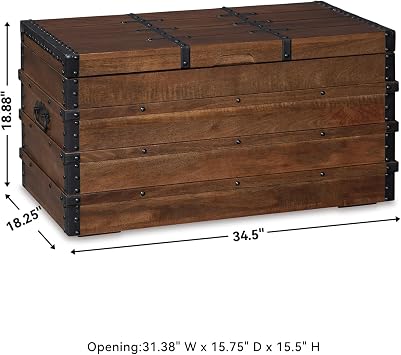 Signature Design By Ashley Kettleby Wooden Storage Box Trunk, VintageStyle Coffee Table With Hinged Top And Hidden Storage, Wood Construction With Metal Hardware For Living Room Organization, Brown