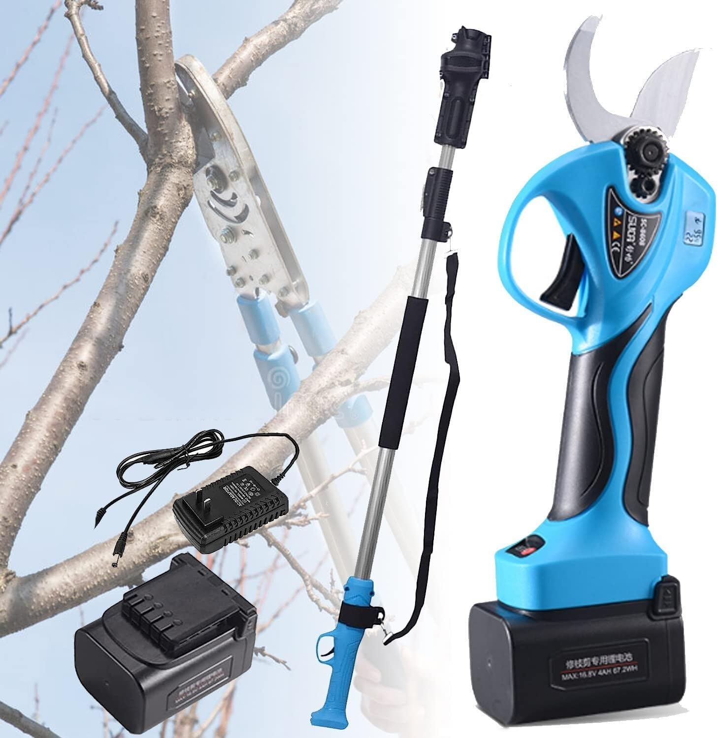 Shears Cordless Gardening Secateurs 32mm Cutting Diameter Powerful Pruning Scissors with Toolbox with Reach Extension Pole, LCD Display Screen (Orange WithExtensionBar)