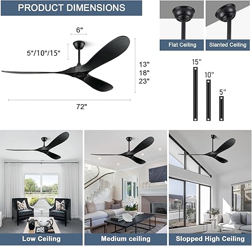 Miniatura 4 de ABZ Ventiladores de techo sin luces, ventiladores de techo modernos de 72 pulgadas sin luces con control remoto, ventiladores de techo negros de