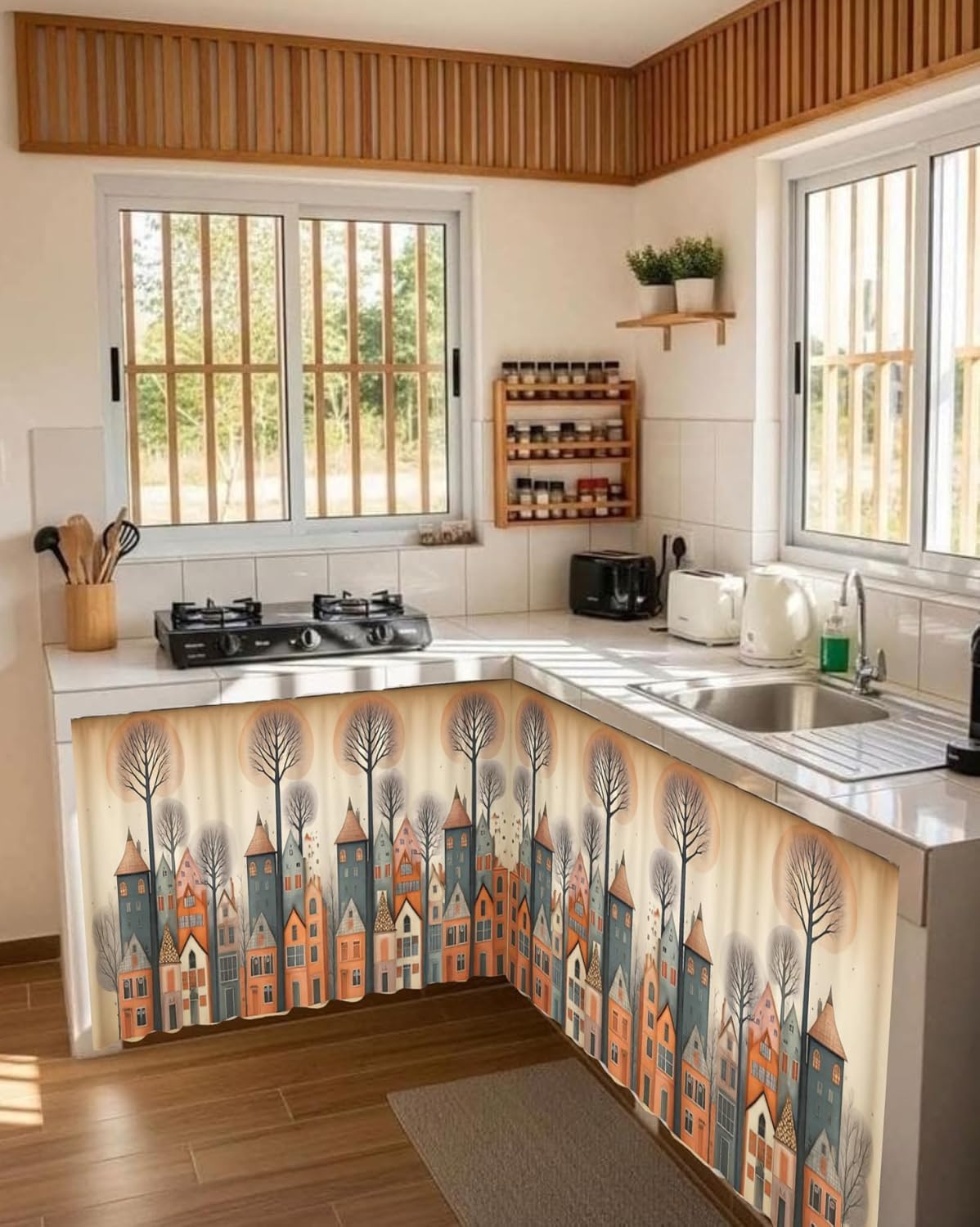 Printed Kitchen Sink Curtain, 150cm x 70cm, Polyester, Leaf Pattern, Light-filtering, Rod Pocket Top, Brown — Amazon image 7