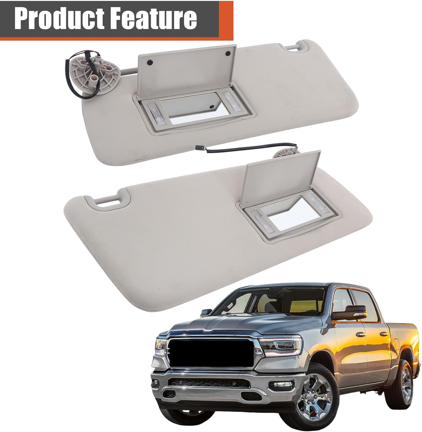 labwork Gray Sun Visor Driver and Passenger Side with Mirror and Light Replacement for Ram 1500 2500 3500 2013-2018 1VF25BD1AD 1VF24BD1AD