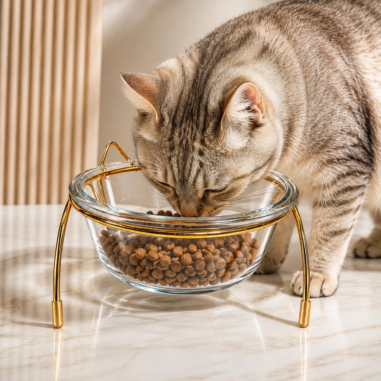 Elevated Glass Cat Water Bowl, Tilted Pet Feeder Bowl with Cat Ear Stainless Steel Stand, Modern Raised Food and Water Bowl for Cats