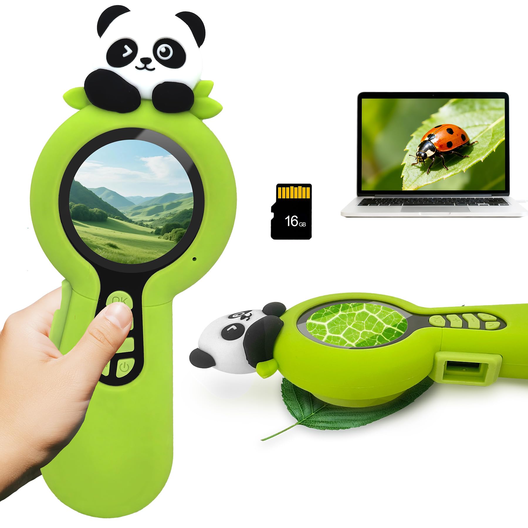 Microscopio digitale 2 in 1 per bambini, un obiettivo per fotocamera e un obiettivo per microscopio, microscope for kids 100X, piccoli esploratori, 16GB, Panda