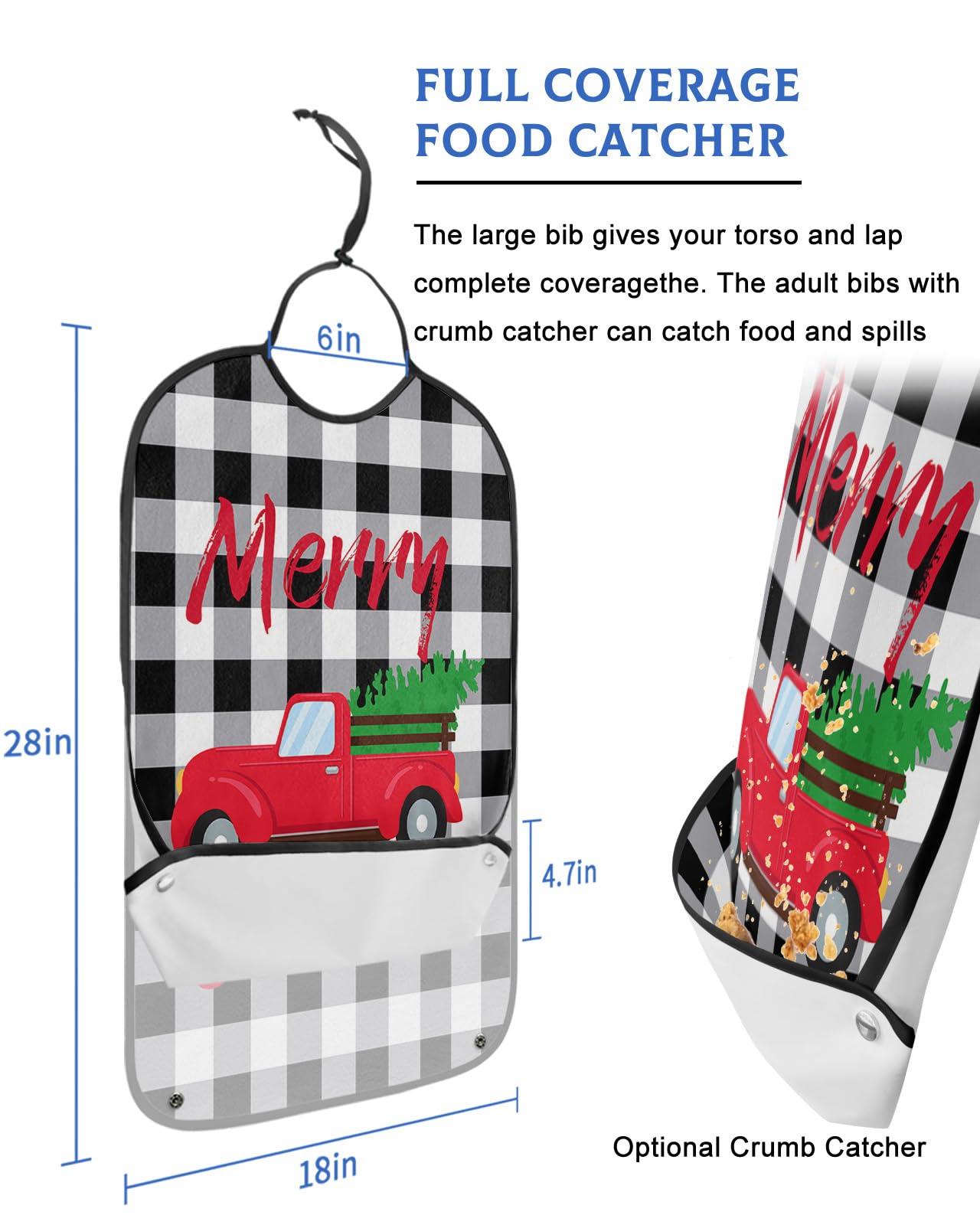 Christmas Red Truck Adult Bibs for Eating, Waterproof Bibs with Food Catcher & Adjustable Snap Closure, Xmas Tree Black White Plaid Washable Clothing Protectors Adult Bibs for Elderly Women/Men