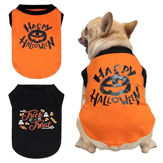 KOOLTAIL Halloween Dog Shirts Clothes-2 Pack Dog Sleeveless Vest with Cute Printing, Soft Stretchy Breathable Cotton Pet T Shirt Apparel for Extra Small Medium Girl&Boy Dogs Puppy Cat Orange & Black M