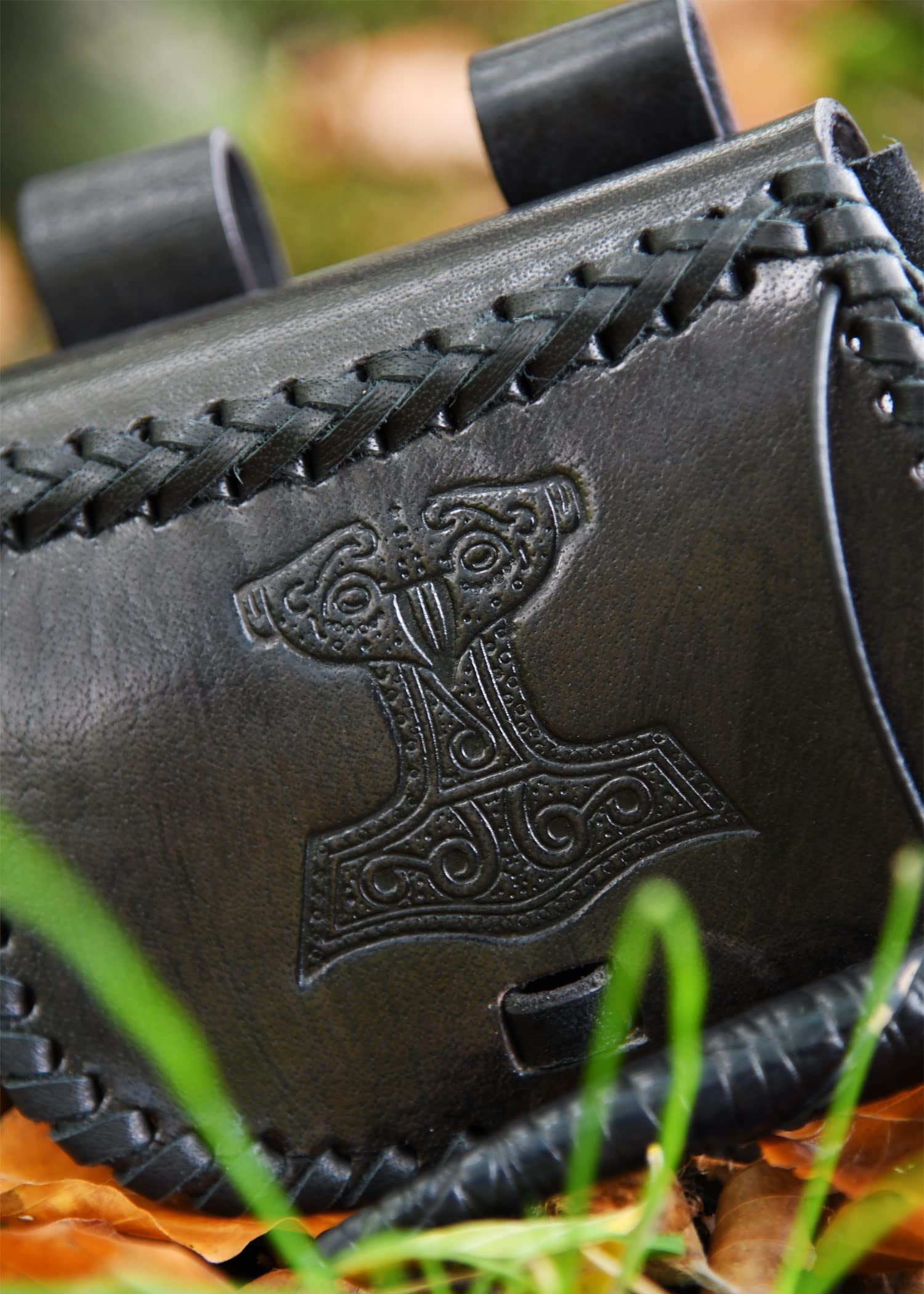 Battle-Merchant Middeleeuwse heuptas met verschillende reliëven, van leer, heuptas voor dames en heren, in bruin/zwart, Viking Reenactment leren tas voor de riem, Draak, Eén maat, Middeleeuwse heuptas