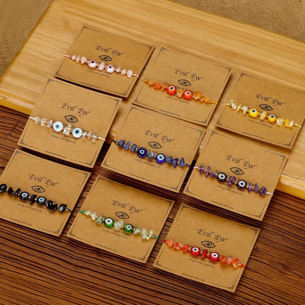 Pingyongchang Evil Eye Irregular Crystal Stone Beads Bracelet Handmade Protection Good Luck Adjustable Rope Bracelet Inspirational Amulet Kabbalah Bracelets with Gift Card for Women - Image 6