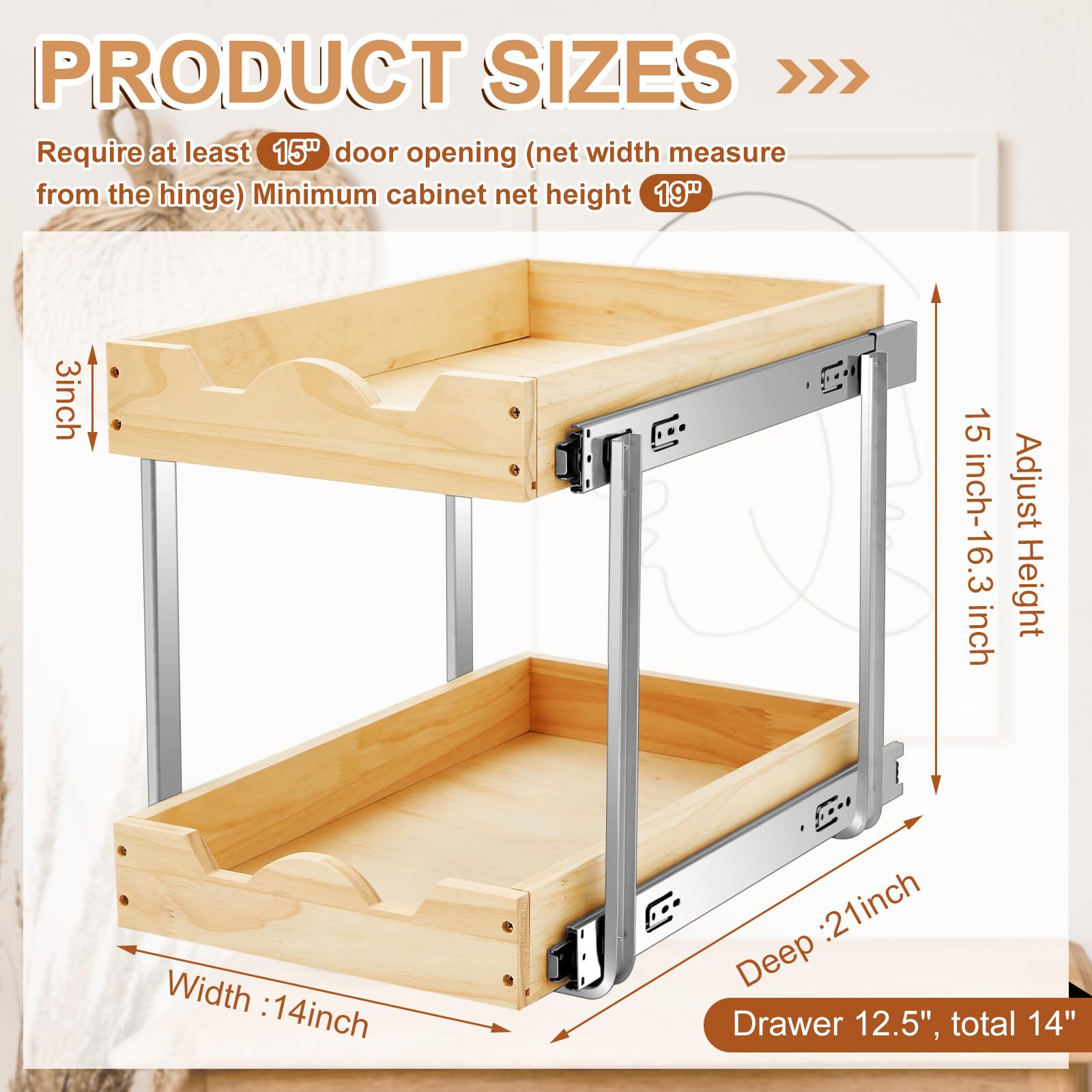 (incomplete) Sintuff 2 Tier Pull out Drawers for Kitchen Cabinets 14 W x 21 D Pull out Cabinet Organizer Heavy Duty Cabinet Slide out Shelves Sliding out Wood Drawer Shelf for Cabinet Drawers Kitchen Pantry