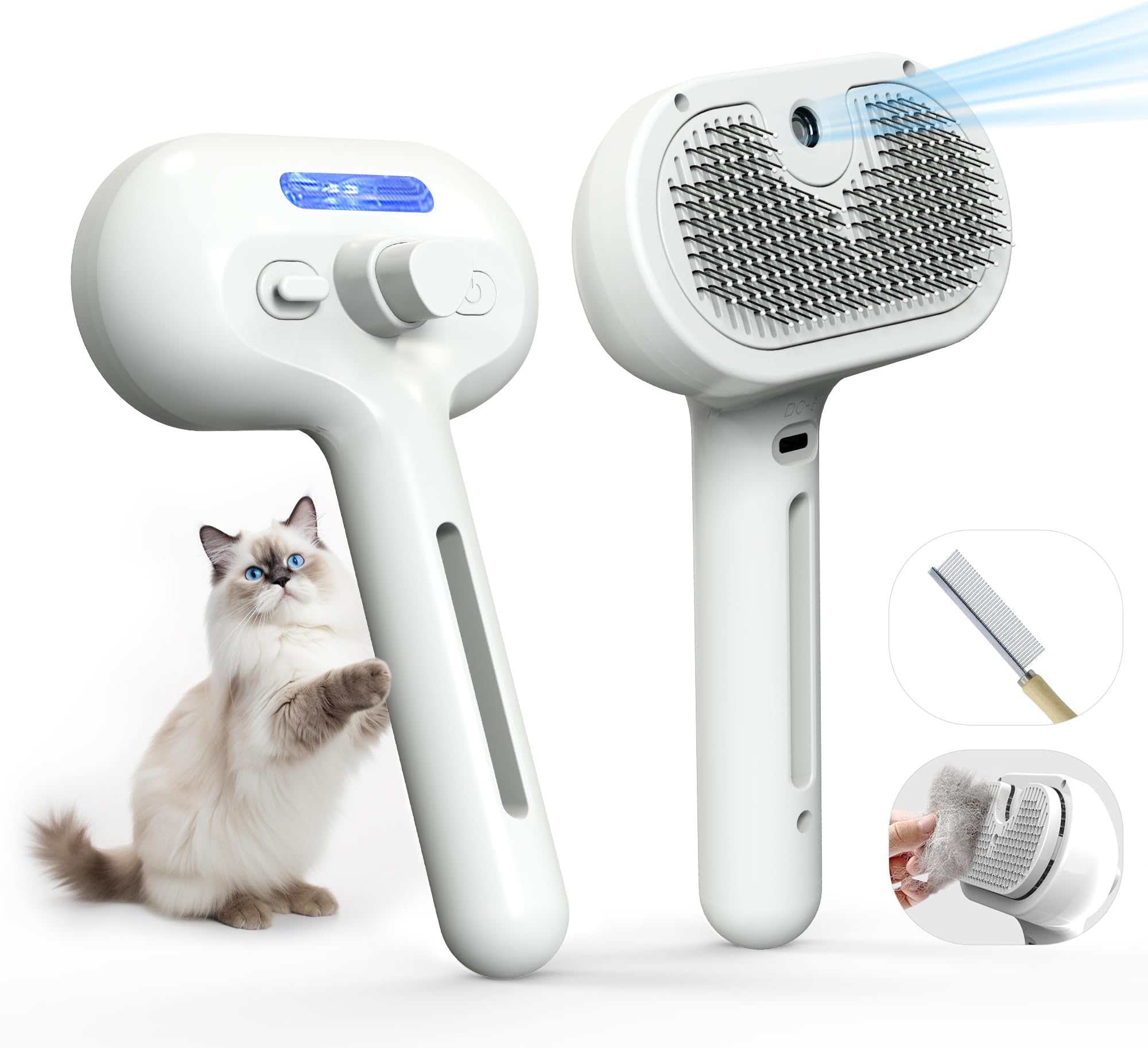 Pet Grooming Brush with Electronic Mist Spray - Gentle Deshedding Tool for Cats & Dogs, Pet Steam Brush,Reduces Shedding, Soft Bristles, Promotes Healthy Coat-Comes with a hair smoothing comb-White