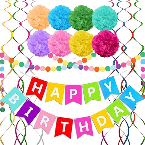 Rainbow Colorful Birthday Decorations, Happy Birthday Banner with Pom Poms Paper Circle Garland Swirl Streamers for Girls Women Party Supplies