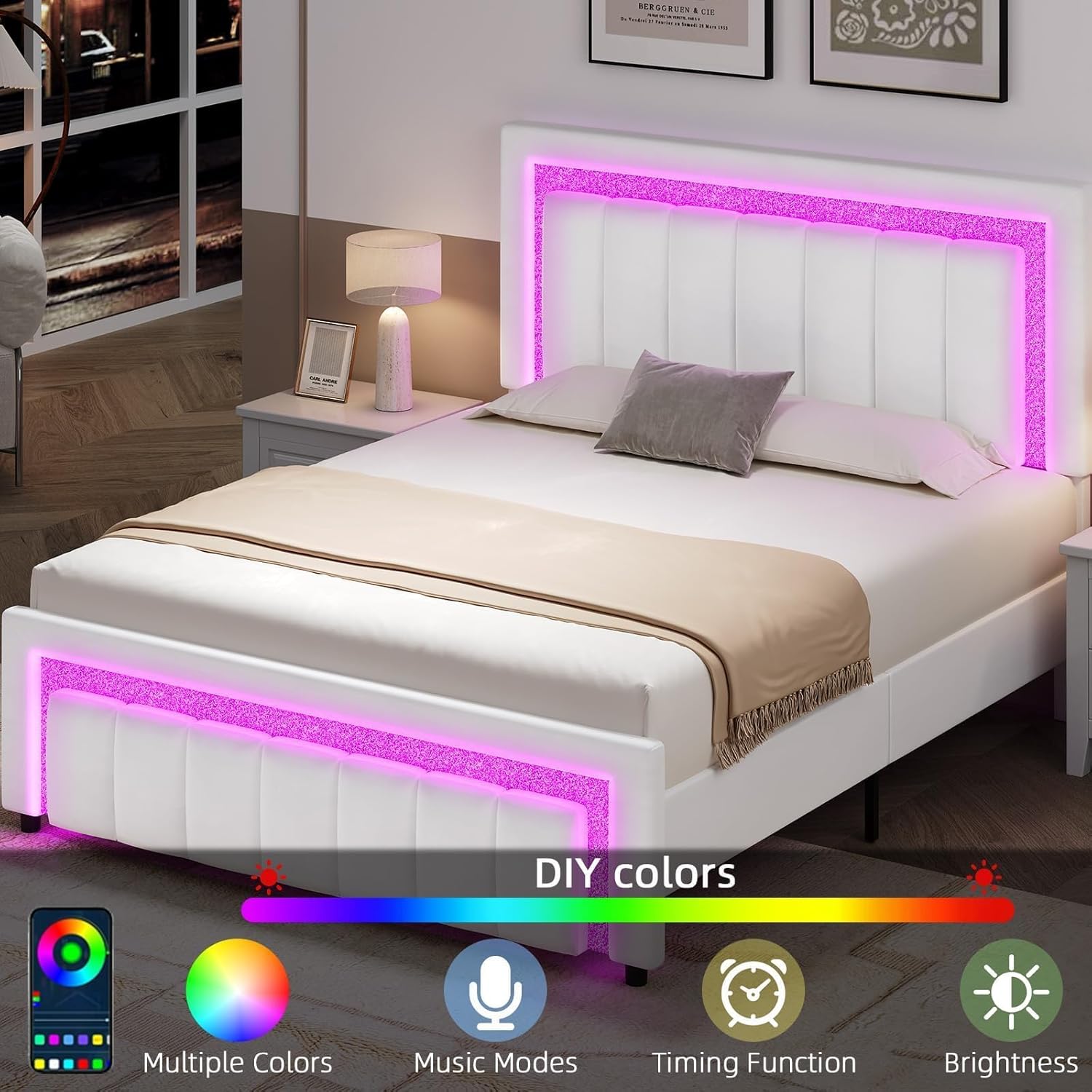 HOMBCK Full Bed Frame with LED Lights and Velvet Upholstered Headboard, Bed Frame Full Size with Modern Diamond Headboard Adjustable, Wooden Slats Support, Noise Free, No Box Spring Needed, White