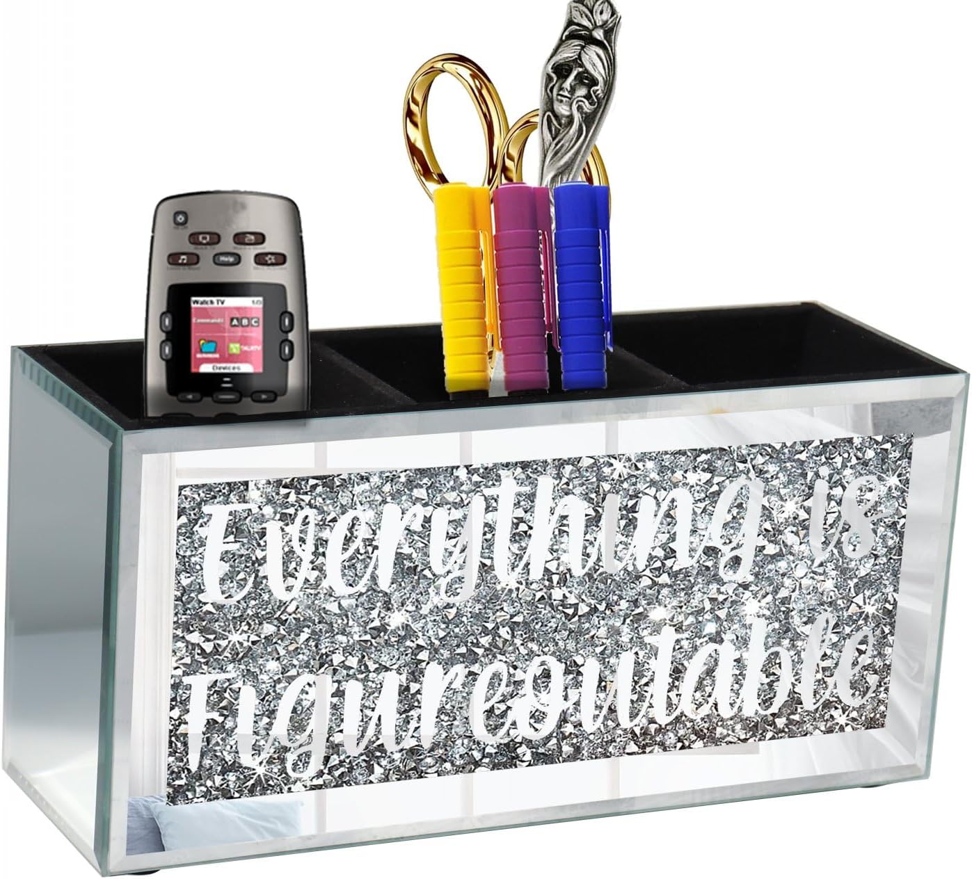 Silver Mirror Crystal Diamond Home Office Desk Box Sign Decor, Desktop Pen Organizer with 3 Compartment, Multi-Use Storage Box for Pencil, Remote, Makeup Brush-9.1×4.3×3.1Inches