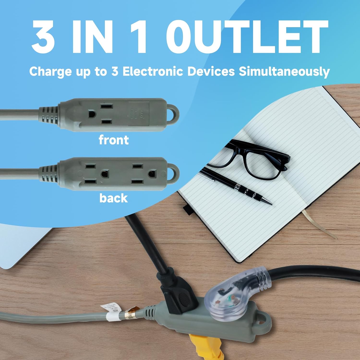 1 Ft Flat Plug Extension Cord，16/3 SJT Indoor Low Profile 3 Outlets Extension Cable with 45° Angled Flat Plug, Multiple Outlets Short Extension Cord, Grey