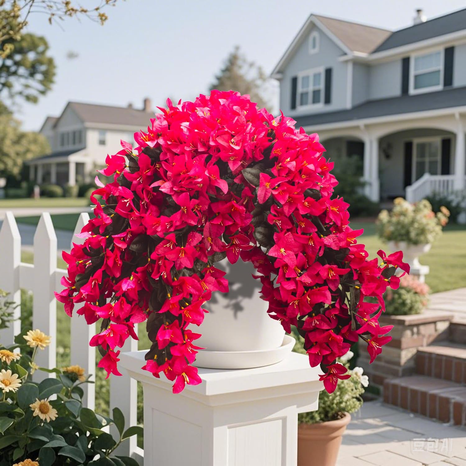 Grunyia Artificial Bougainvillea Flowers – 4 Pcs UV Resistant Fake Flowers with Silk Petals, Realistic Trailing Plants for Outdoor Indoor Wall Garden Home Wedding Decor (Hot Pink) (Rose Red)