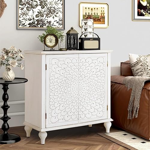 Miniatura 10 de MFSTUDIO Gabinete de Almacenamiento Decorativo con 2 Puertas, Gabinete de Almacenamiento Desgastado Aparador Buffet Gabinete de Exhibición con Negro