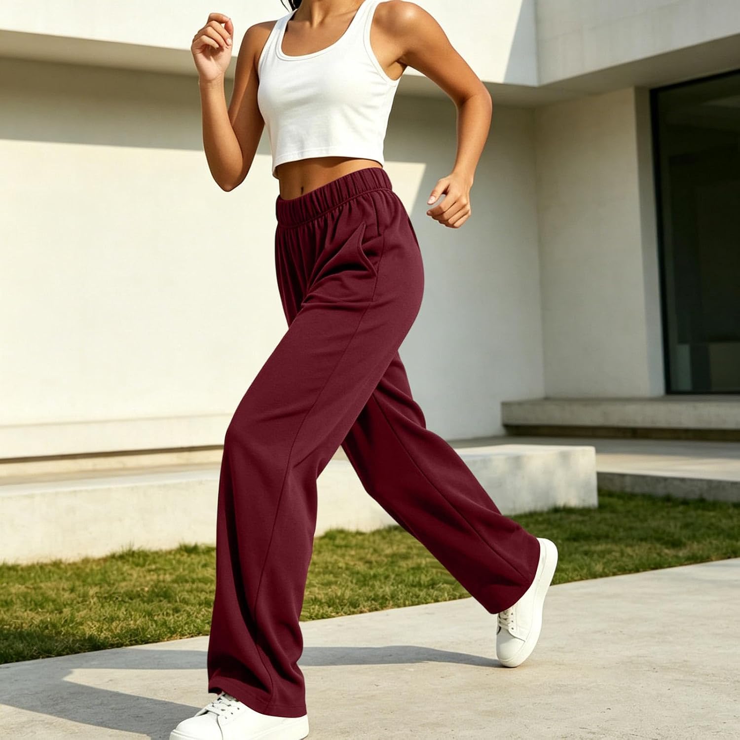 Womens Palazzo Pants Elastic High Waist Casual Wide Leg Loose Fit Soft Trousers with Pockets Comfy Solid Color Pant