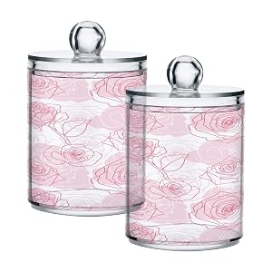 Roses-pattern Restroom Bathroom Organizers with Lid Qtip Holder Dispenser Apothecary Jars Cotton Balls Pads Swabs Holder Jar 4