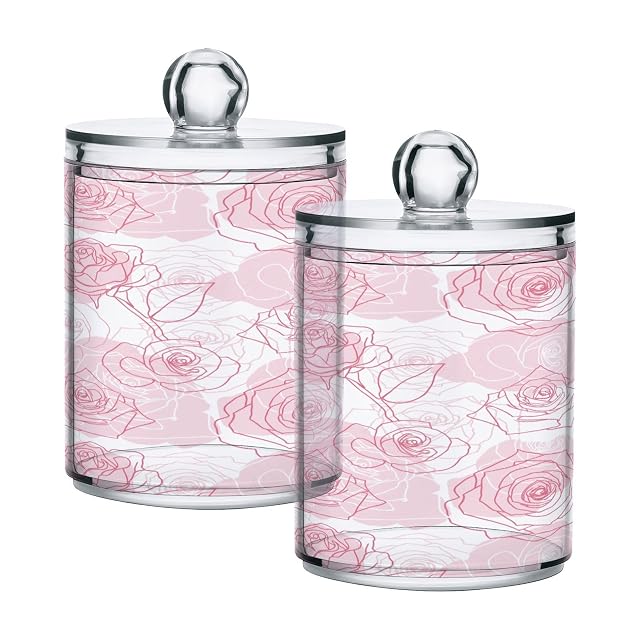 Roses-pattern Restroom Bathroom Organizers with Lid Qtip Holder Dispenser Apothecary Jars Cotton Balls Pads Swabs Holder Jar 4